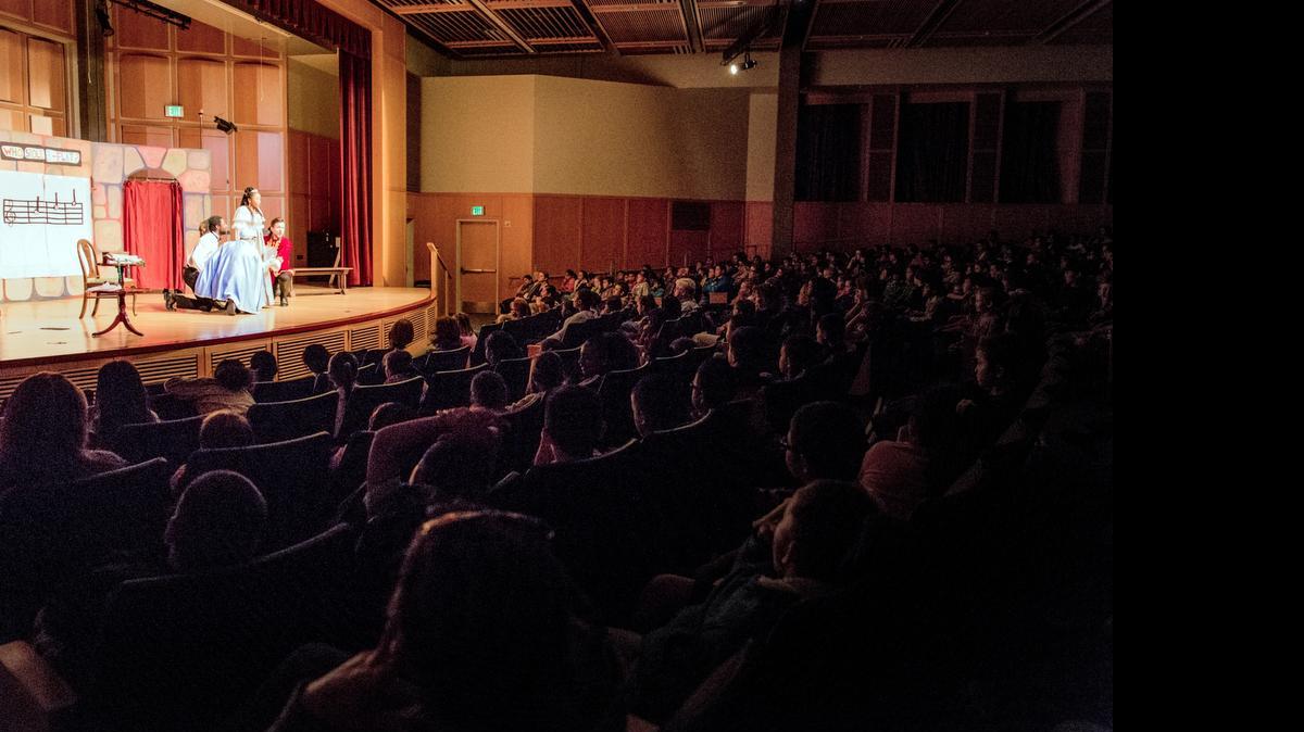 
A crowd of Merced school children watch a performance of opera “Who Stole B-Flat” on Tuesday in UC Merced’s Lakireddy Auditorium. A performance open to the public is planned 2 p.m. Saturday in the same auditorium.
