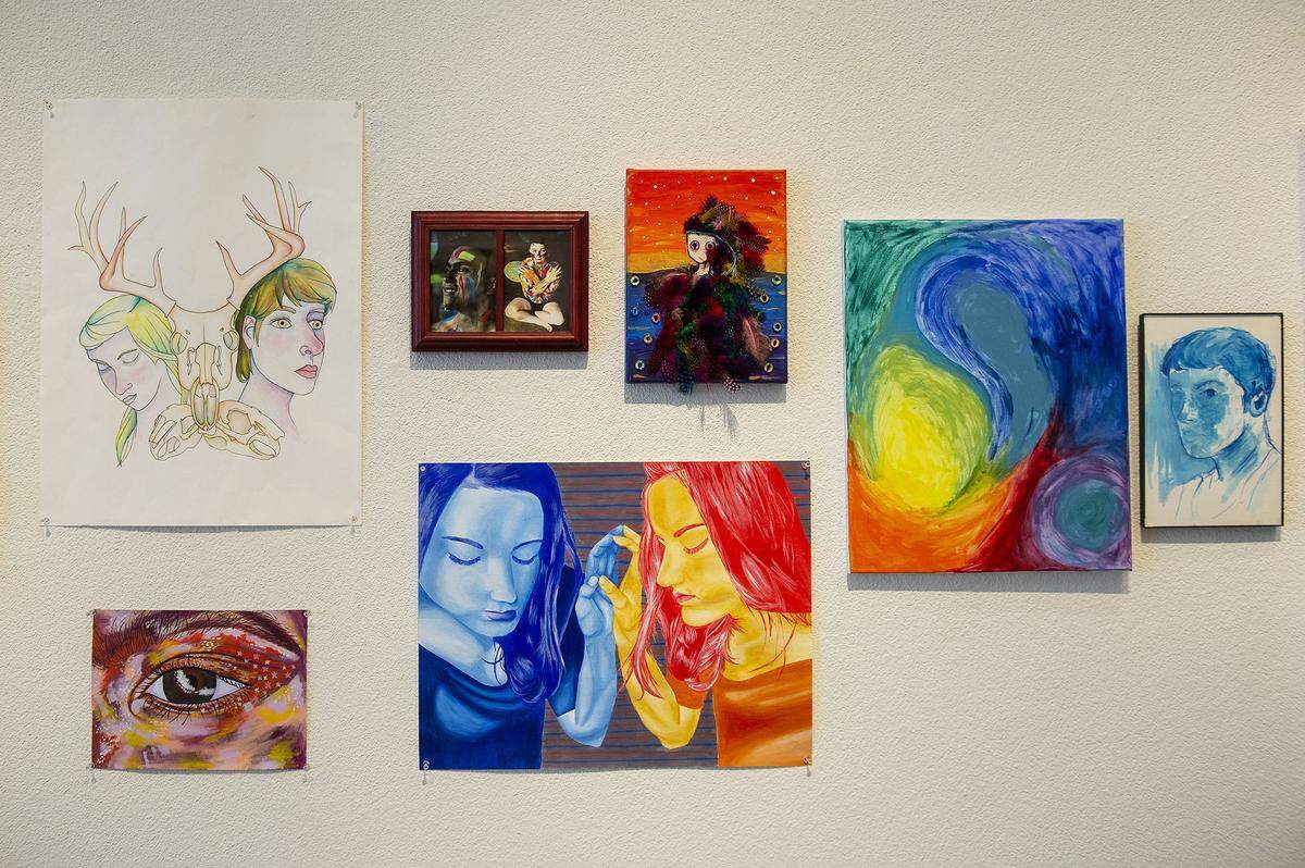Artwork is displayed as part of the Outloud art showcase at the Multicultural Arts Center in Merced, Calif., on Wednesday, June 15, 2022. The exhibit is on display through July 24 and celebrates LGBTQIA+ artists.