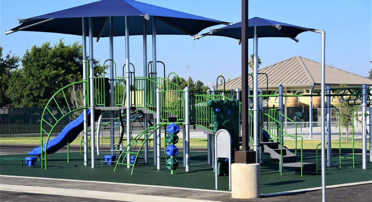 Atwater’s new Juniper Elementary School features three playgrounds on the 10-acre campus, which is set to open for students on the first day of school on Wednesday, Aug. 16, 2023.