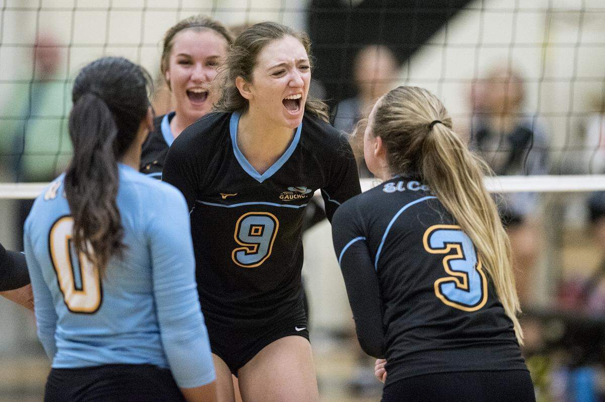 El Capitan senior Robin Helms (9) yells as she celebrates a Gauchos point earlier this season. Helms was named the Defensive Player of the Year by the Central California Conference coaches.