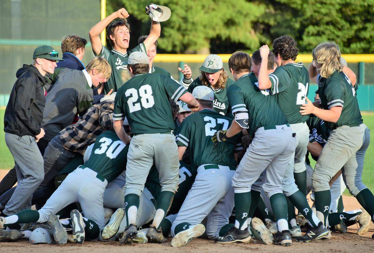 The Ponderosa High baseball team celebrates their 5-4 win over Buhach Colony in the Sac-Joaquin Section Division III championship game on Monday, May 27, 2019 at the University of the Pacific’s Klein Family Field in Stockton, Calif.