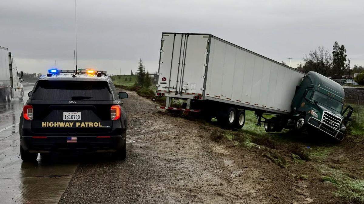 The California Highway Patrol in Merced said that heavy rain is creating slick roadways and reduced visibility.