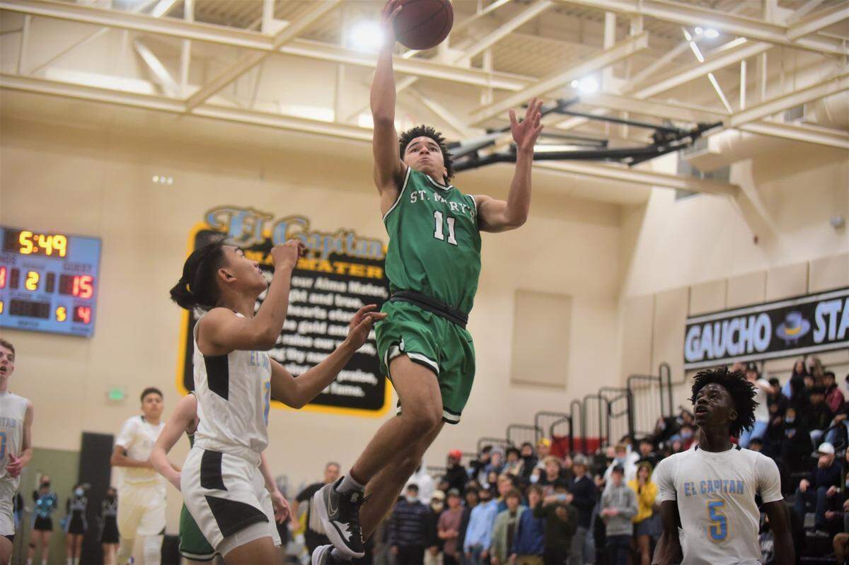 St. Mary’s junior Skylar Strickland goes up for a layup during a play-in game against El Capitan on on Wednesday, Feb. 16, 2022 at the Stable Center at El Capitan High School.