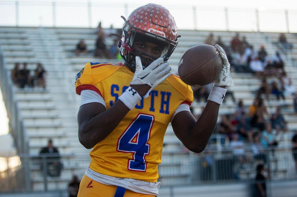 South All-Star running back Chase Smith (4) representing Merced, celebrates after rushing for a touchdown during the Merced County All-Star Football Game at Golden Valley High School in Merced, Calif., on Saturday, June 15, 2024. The South All-Stars beat the North All-Stars 33-20.