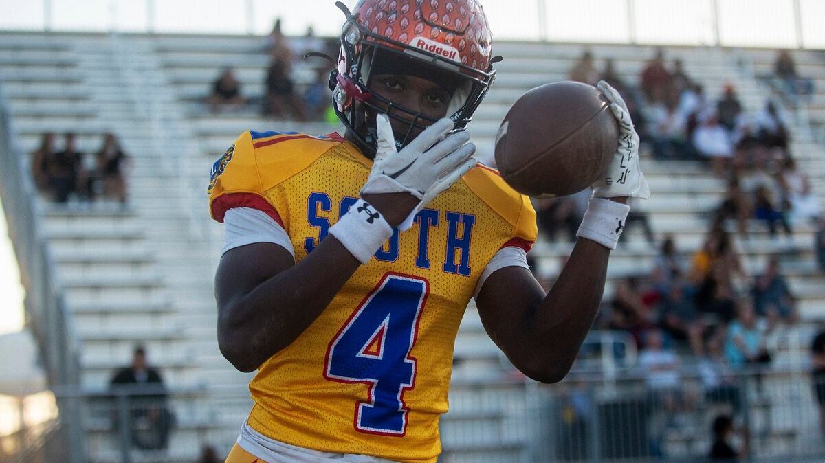 South All-Star running back Chase Smith (4) representing Merced, celebrates after rushing for a touchdown during the Merced County All-Star Football Game at Golden Valley High School in Merced, Calif., on Saturday, June 15, 2024. The South All-Stars beat the North All-Stars 33-20.