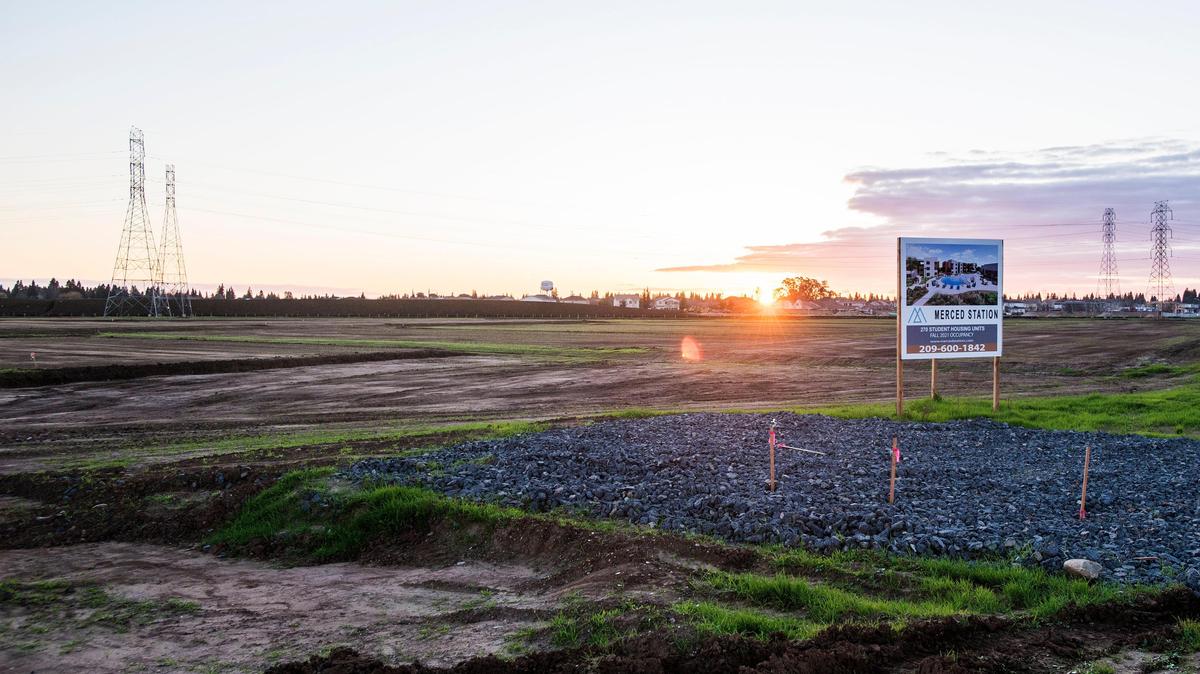 The site of new developement project titled “Merced Station” near the intersection of East Yosemite Avenue and Lake Road in Merced Calif., on Monday, Jan. 13, 2020. The site is expected to include 15 residential buildings with 270 units. The housing development is expected to be off-campus housing aimed at University of California, Merced students.