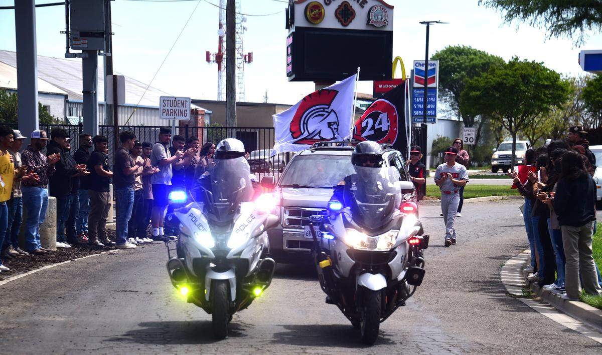 Gustine High School senior Brian Ortiz Nunez and his family received a motocycle officer escort from their home in Santa Nella, Calif. to Gustine High School for a special graduation ceremony on Friday, April 12, 2024.