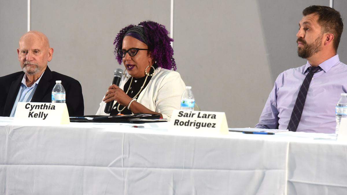 The three candidates vying for the Merced City Council District 3 seat Mike Harris (left), Cynthia Kelly (center) and Sair Lara Rodriguez participated in a candidate forum on Saturday, Sept. 14, 2024 at the Merced Boys & Girls Club in Merced, Calif.