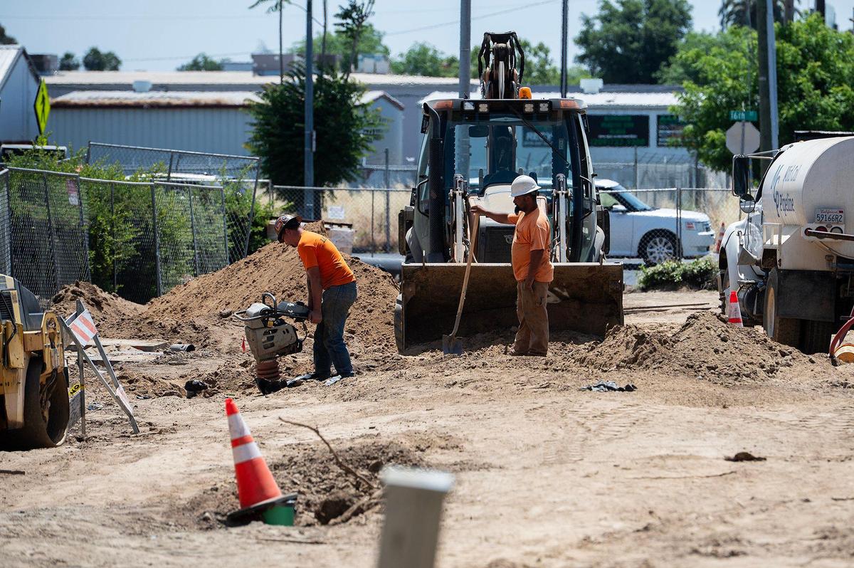 Construction continues at Bob Hart Square in Merced, Calif., on Friday, May 16, 2025. According to the City of Merced, the renovation to the square will include an extended plaza-like design, the addition of trees, a seating area and a stage.