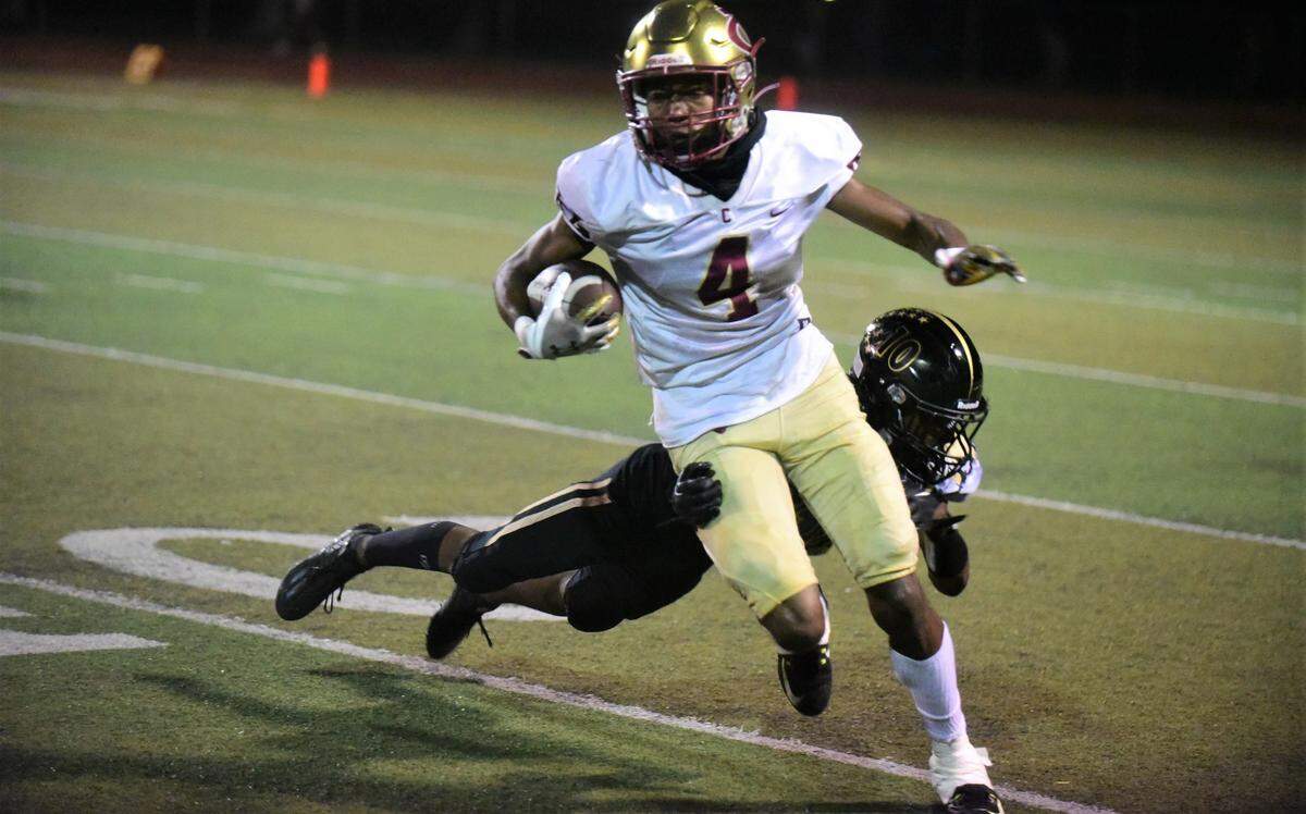 Golden Valley High School receiver Delbert Davis runs the ball after making a catch during a game against Buhach Colony on Friday, Sept. 16, 2022 at Dave Honey Stadium in Atwater, Calif.