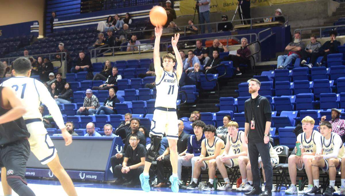 Stone Ridge Christian High’s Cooper Trost (11) shoots a 3-pointer during the section title game against Valley Christian on Friday, February 23, 2024 at UC Davis.
