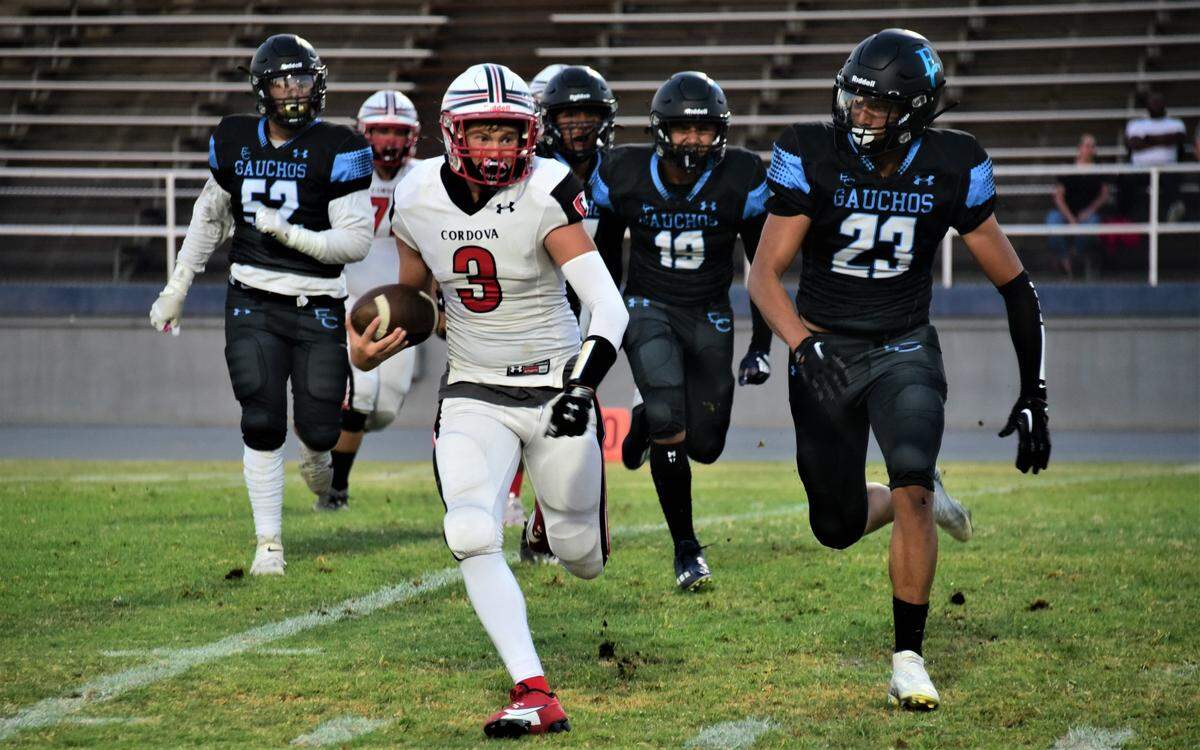 El Capitan High School senior defender Adal Navarrete closes in on a sack of Cordova quarterback Tristan Smith during a game on Friday, Aug. 25, 2023 at Merced College’s Stadium ’76.