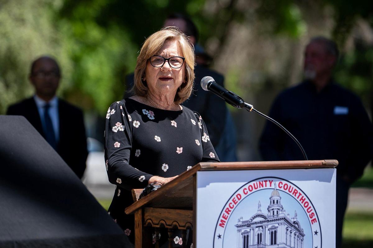 Merced County Historical Society President Joyce Mattos speaks during a rededication ceremony for the historic Merced County Courthouse in Merced, Calif., on Monday, May 5, 2025. The ceremony was held 150 years to the day from when the courthouse was originally dedicated in 1875.