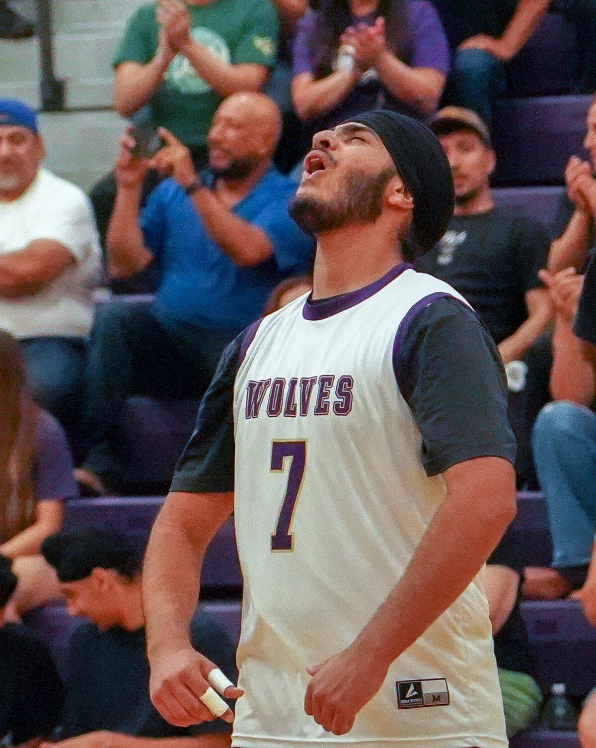 Livingston High junior Udayveer Dhadda celebrates during the Wolves’ 3-1 victory over Oakland High in the Northern California Division IV boys volleyball final on Saturday, May 24, 2025 at Livingston High School.