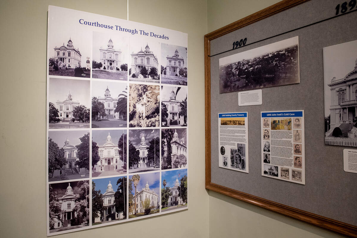 Stories, artifacts and photos which are part of the Merced County Courthouse Museum’s “Old Courthouse: 150 Years, 150 Stories” exhibit at the Merced County Courthouse Museum in Merced, Calif., on Wednesday, Oct. 1, 2025. The exhibit will open to the public on Oct. 4, during the courthouse’s 150th anniversary and community celebration event. 