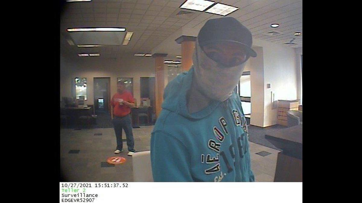 Surveillance video shows suspect accused of robbing the PNC Bank located at 3065 G Street in Merced on Oct. 27., according to the Merced Police Department. Image courtesy of Merced Police Department.