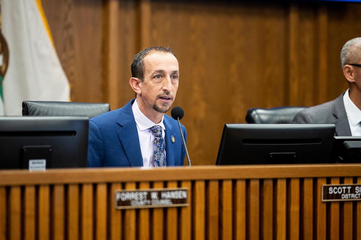 District 5 Supervisor Scott Silveira during the Merced County Board of Supervisors meeting in Merced, Calif., on Tuesday, Feb. 28, 2023. Planada residents and community advocates who attended the meeting said the county isn’t doing enough to help the community of Planada following devastating flooding which damaged homes and forced thousands to evacuate.