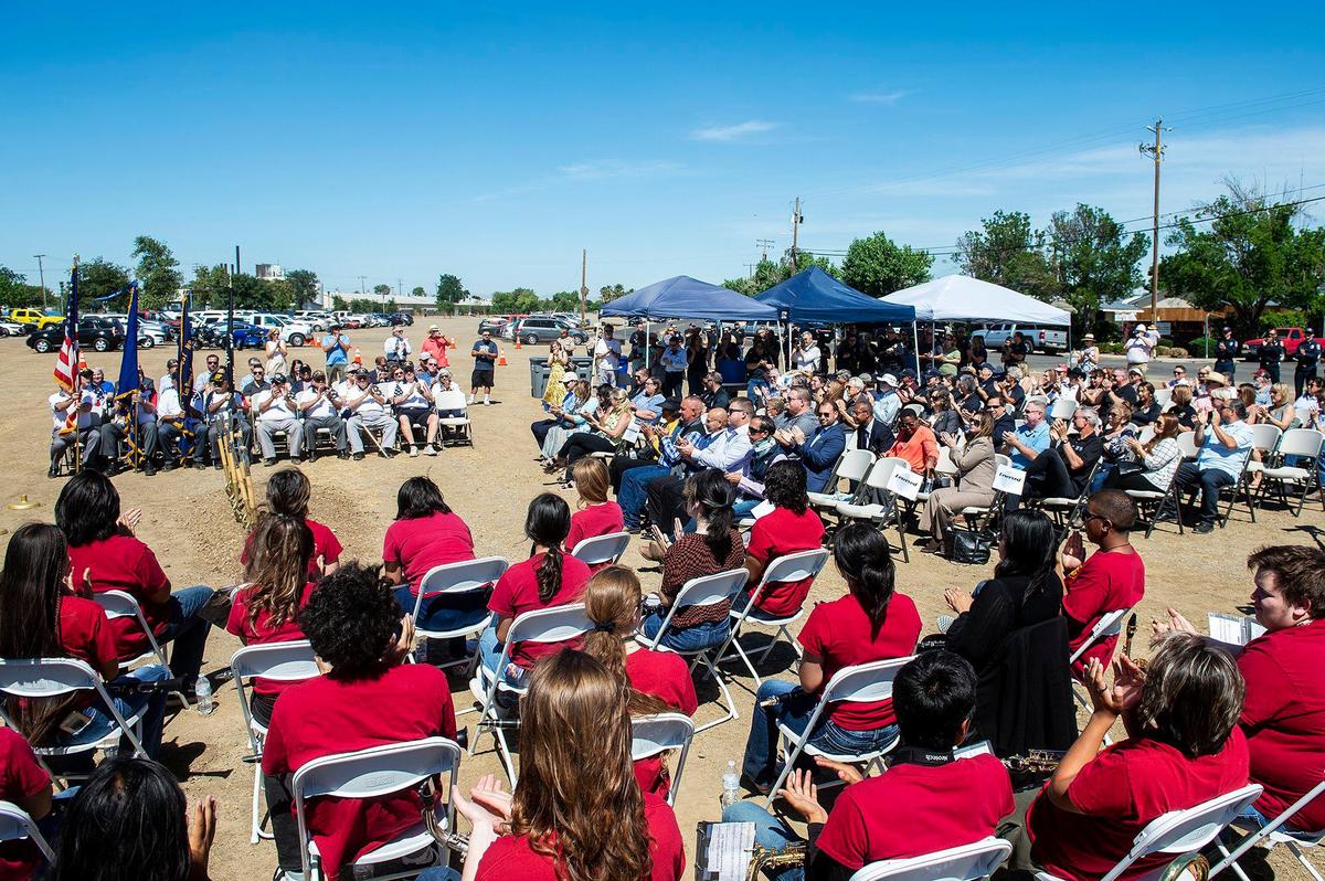 Community members and local dignitaries gather during a groundbreaking ceremony for the new Los Banos police station in Los Banos, Calif., on Thursday, May 19, 2022. The site is located at 1111 G Street.