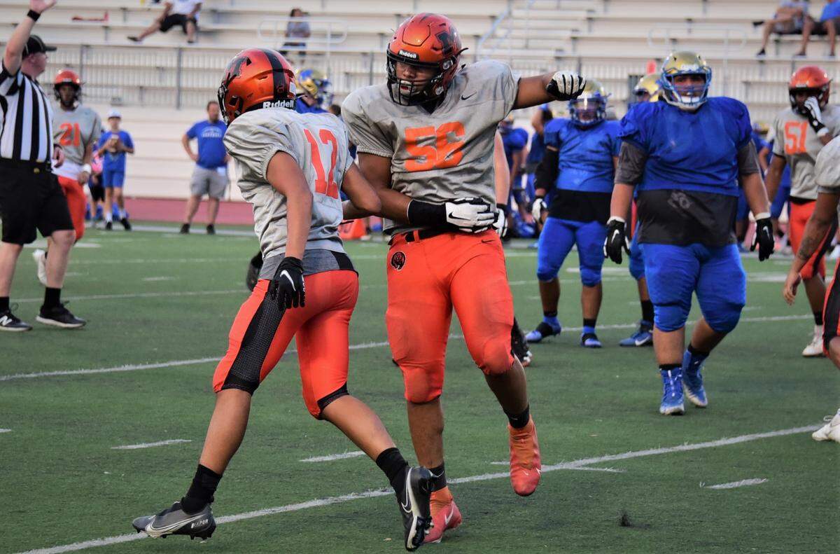 Sophomore Jaylonn Booth, 56, will be a big part of the Merced defense this spring.