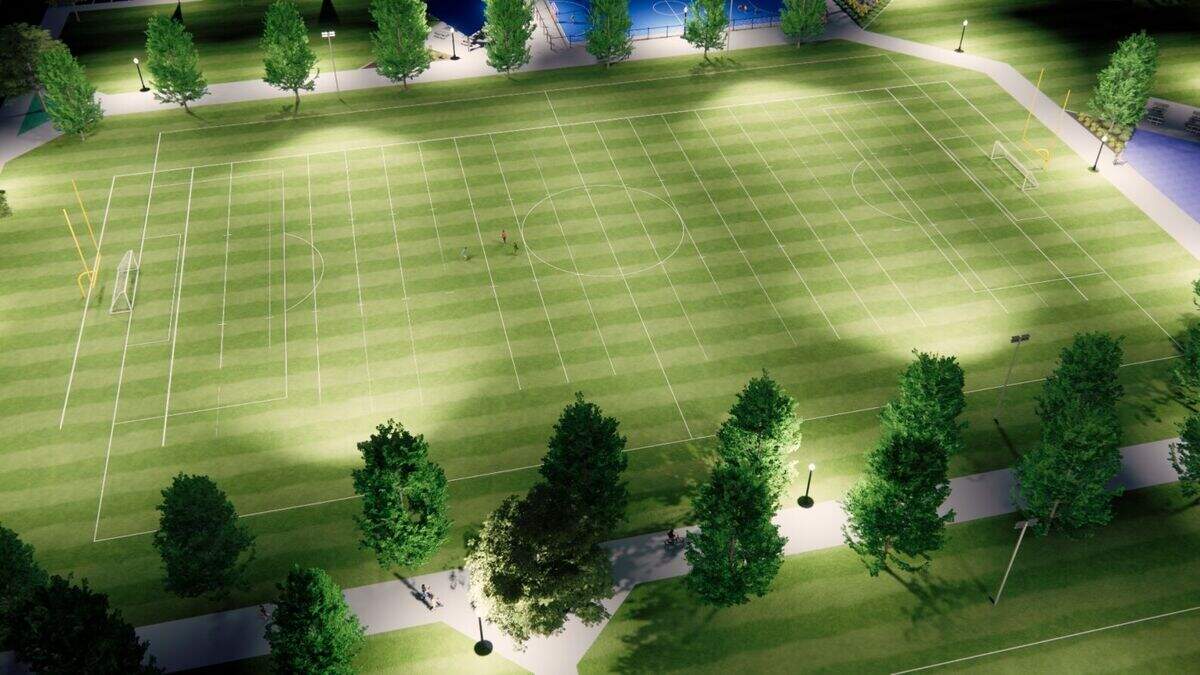 The Merced Regional Sports Complex will feature six soccer/football fields when finished. Here’s a rendering of one of the fields. All the field will have lights.