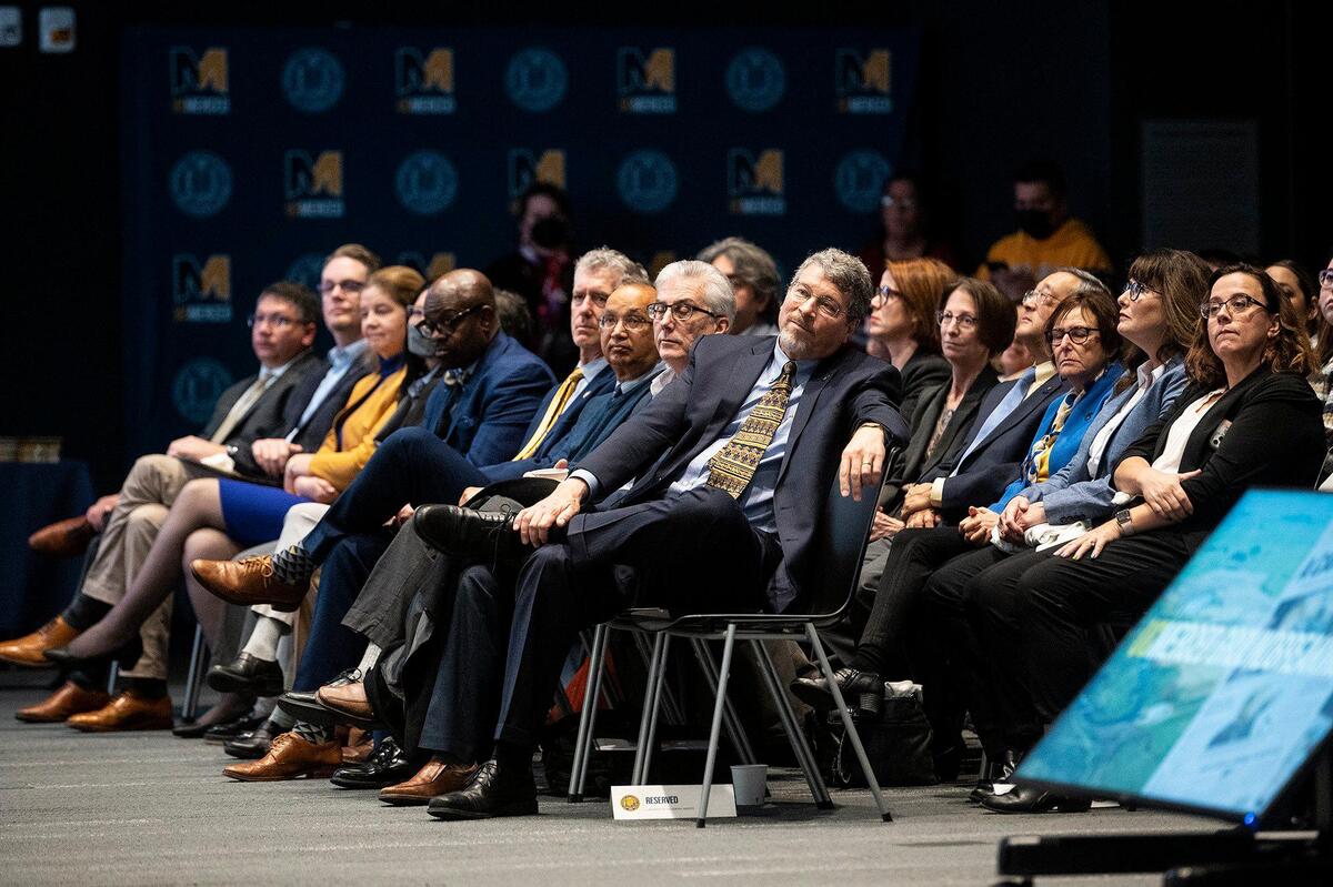 Those in attendance during a 20-year anniversary celebration of the groundbreaking of the University of California, Merced, listen to Chancellor Juan Sanchez Munoz speak in Merced, Calif., on Wednesday, Jan. 25, 2023.