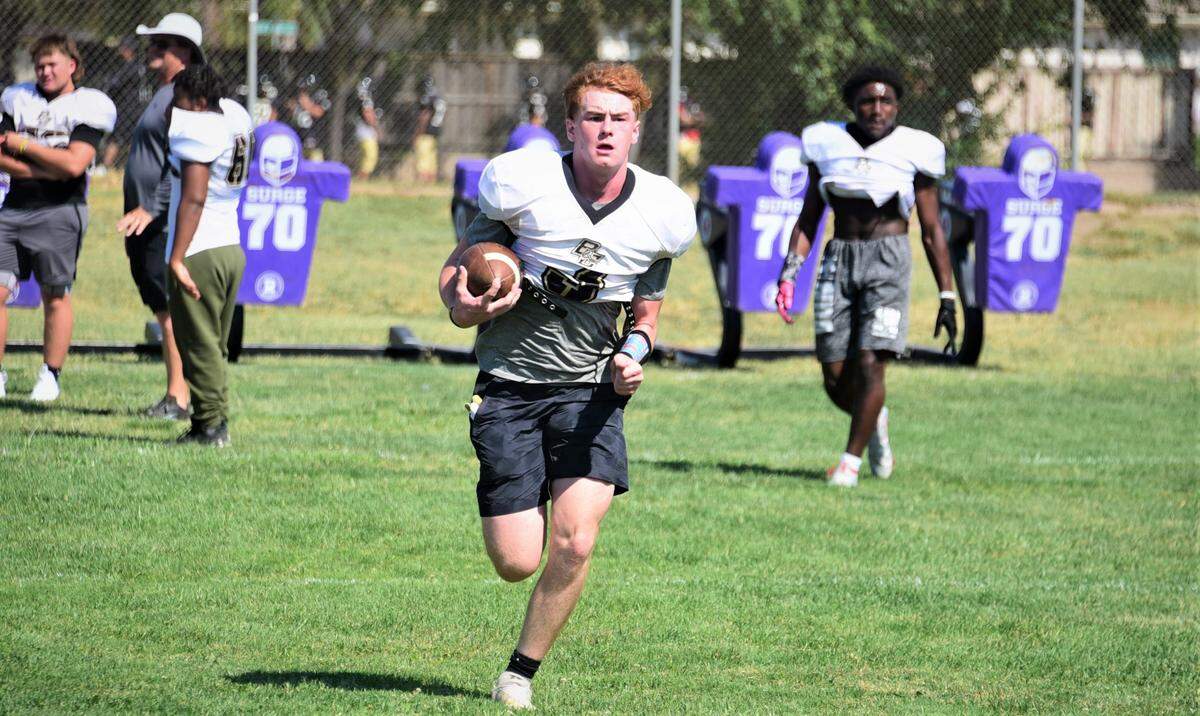 Buhach Colony High School senior Kailin Frade returns a punt during practice on Tuesday, Aug. 16, 2022.