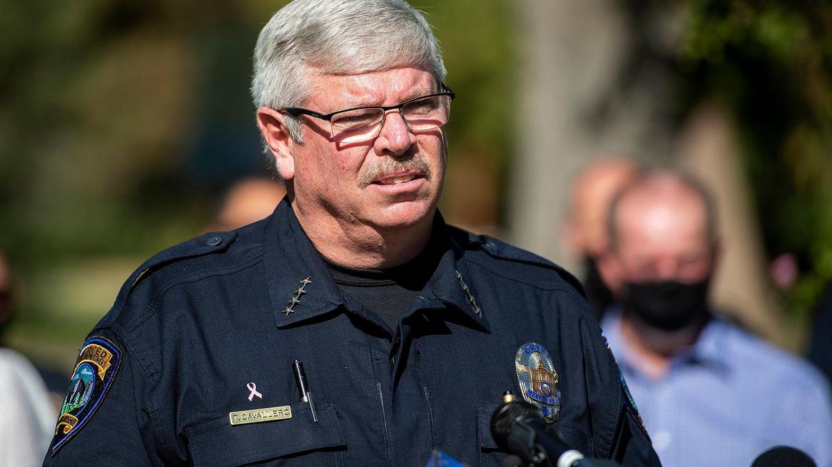 Merced Police Chief Tom Cavallero speaks during a news conference to announce the Merced County Behavioral Health and Recovery Services’ Mobile Crisis Response Team, at Applegate Park in Merced, Calif., on Tuesday, Oct. 13, 2020. The Mobile Crisis Response Team will work with the Merced Police Department, teaming them with Behavioral Health and Recovery Services professionals who are trained in culturally humble, trauma-informed crisis intervention methods, according to the City of Merced.