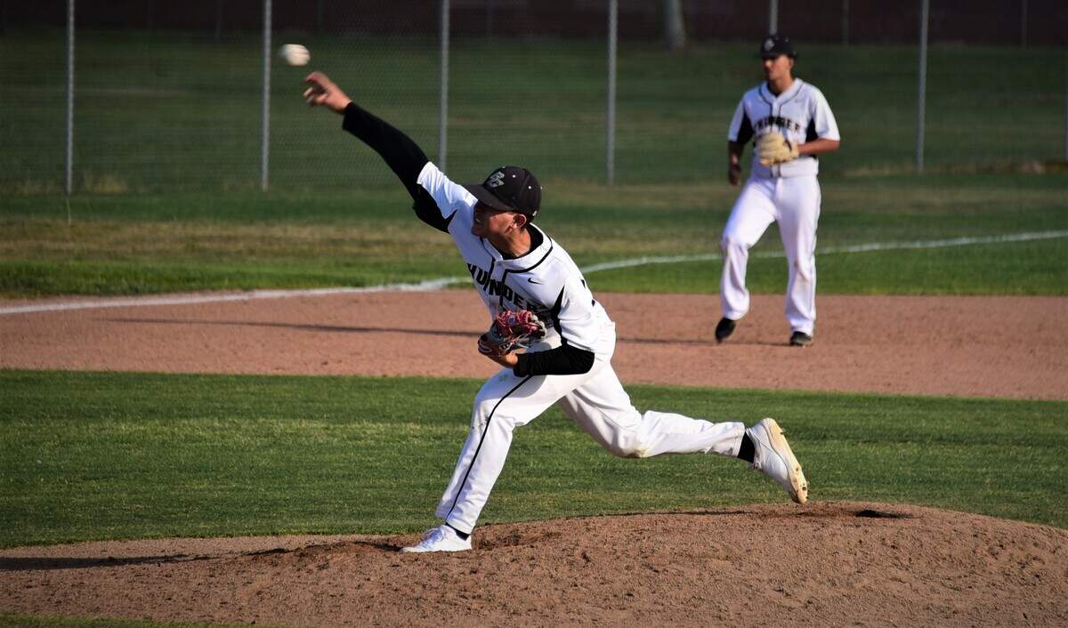 Buhach Colony’s Spencer Lanz delivers a pitch during a 3-1 playoff win over Mountain House on Tuesday, May 10, 2022 at Buhach Colony High School in Atwater, Calif.