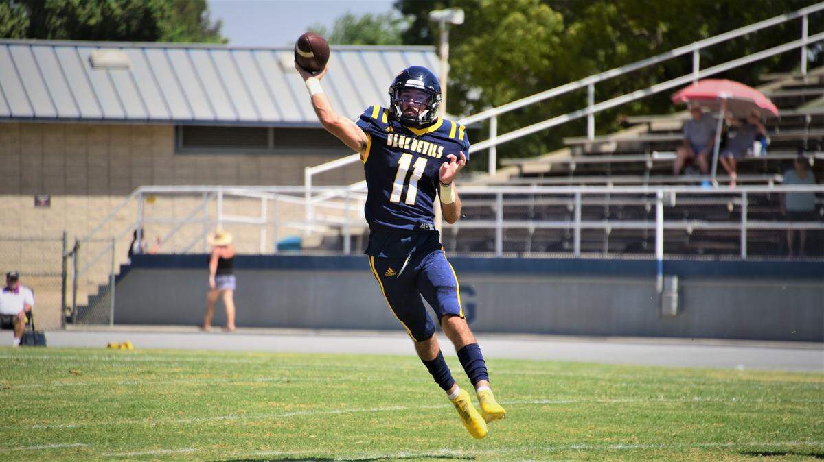 Merced College quarterback Jacob Bettencourt throws a pass in the first half during a game against College of the Redwoods on Saturday, Sept. 3, 2022 at Stadium ’76.