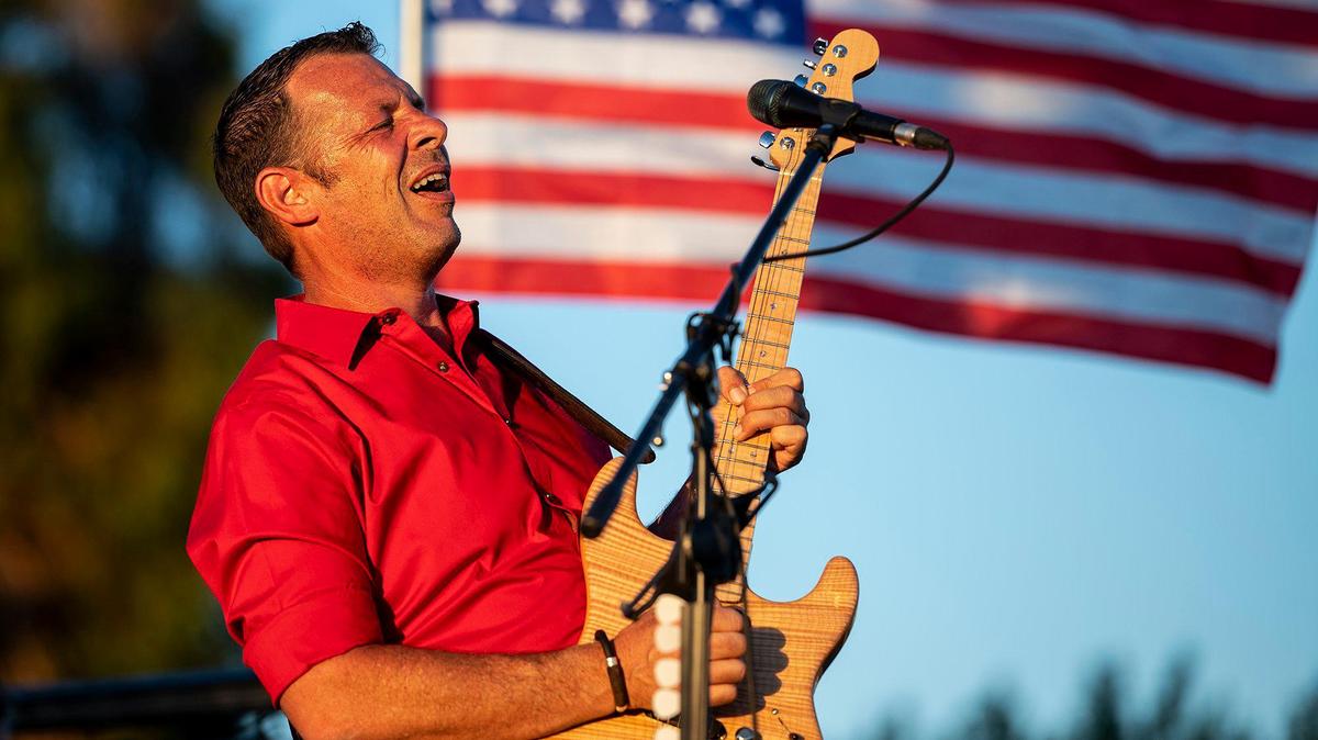 The Rob Tracy Band performs during a Fourth of July concert and fireworks show at the former Castle Air Force Base in Atwater, Calif., on Sunday, July 4, 2021.