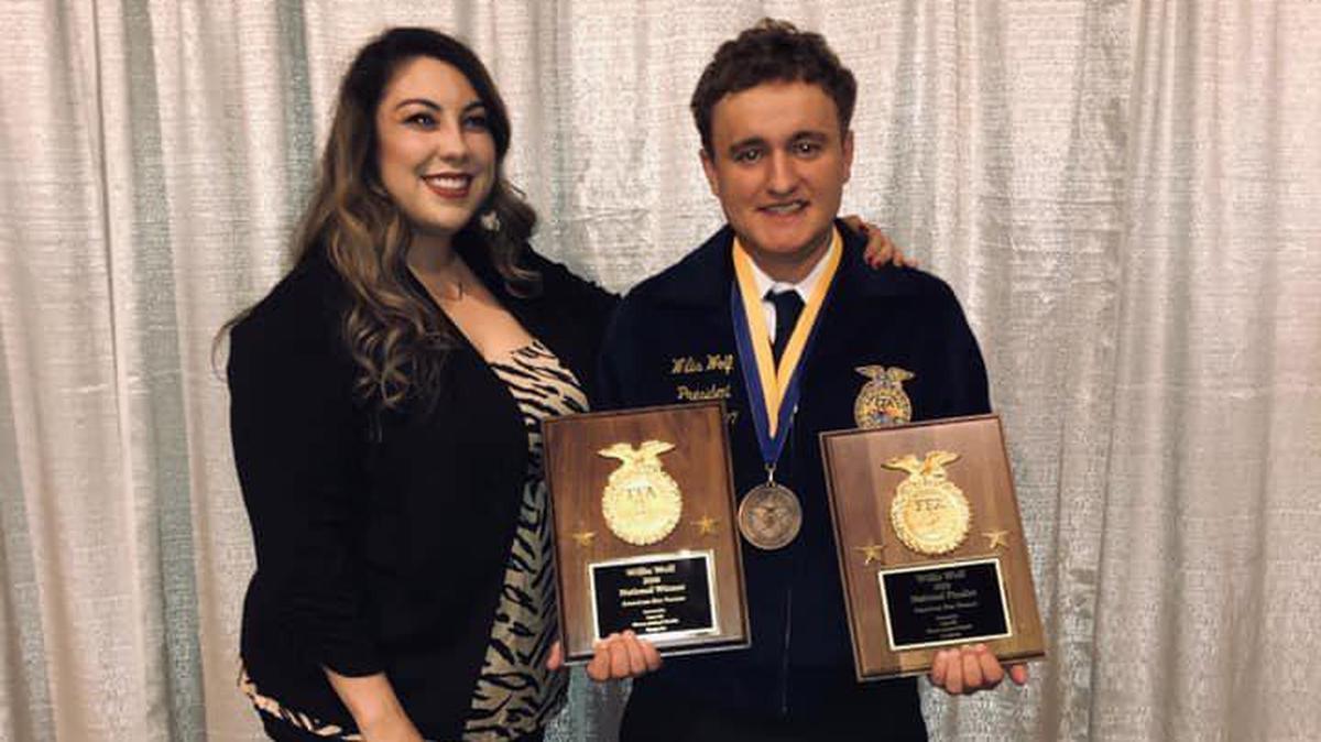 Willis Wolf, right, a student at California State University, Fresno, poses for a photo with El Capitan Ag Instructor and FFA advisor Celia Casso, left. Wolf was named the National FFA Organization 2019 Star Farmer.