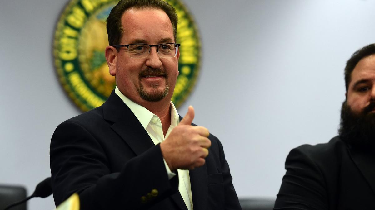 Mayor Paul Creighton gestures to the audience on Monday, Dec. 10, 2018, in the Atwater City Council chambers. He and Councilmembers Brian Raymond and Danny Ambriz were sworn into office.
