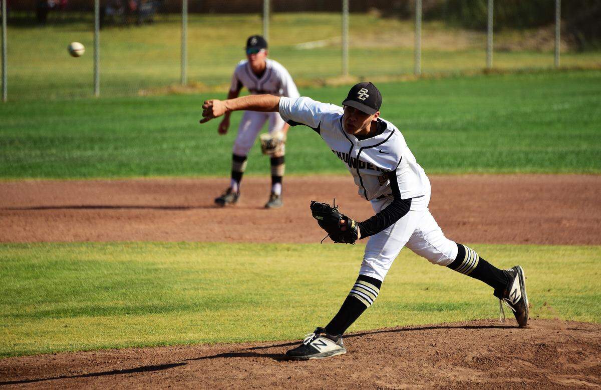 Buhach Colony senior Alex Kendrick delivers a pitch during the Thunder’s 13-5 win over Golden Valley on Tuesday May, 7, 2019 at Buhach Colony High in Atwater, Calif. Kendrick was named the CCC Pitcher of the Year.