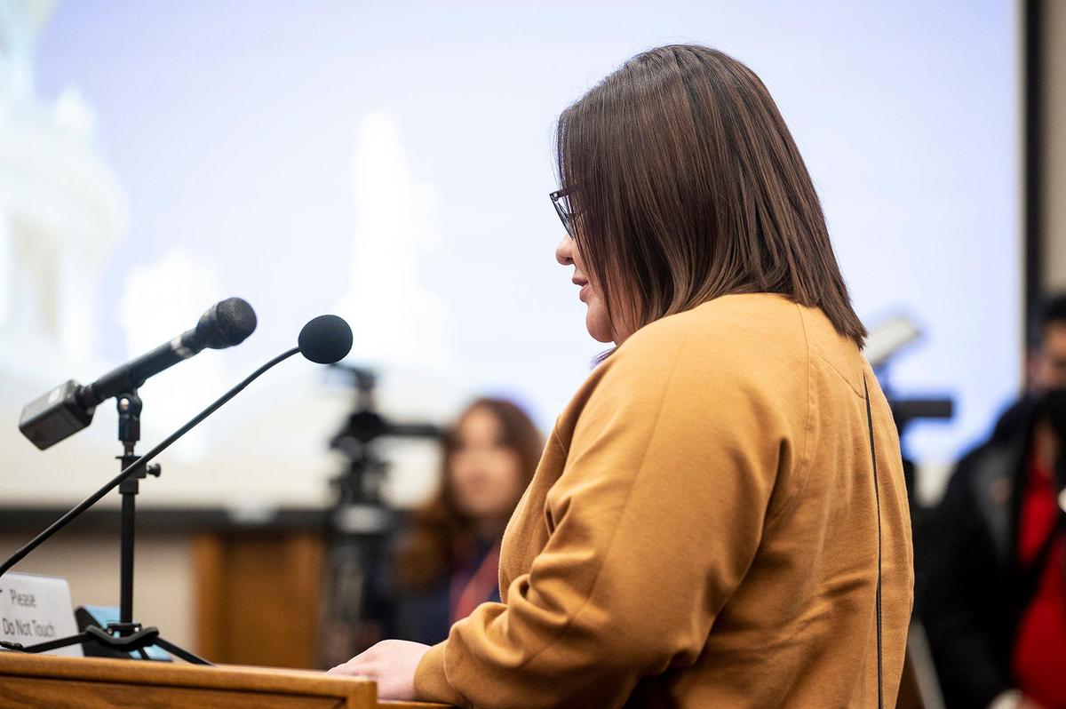 Maria Nava, 37, of Planada, speaks during the Merced County Board of Supervisors meeting in Merced, Calif., on Tuesday, Feb. 28, 2023. Planada residents and community advocates who attended the meeting said the county isn’t doing enough to help the community of Planada following devastating flooding which damaged homes and forced thousands to evacuate.