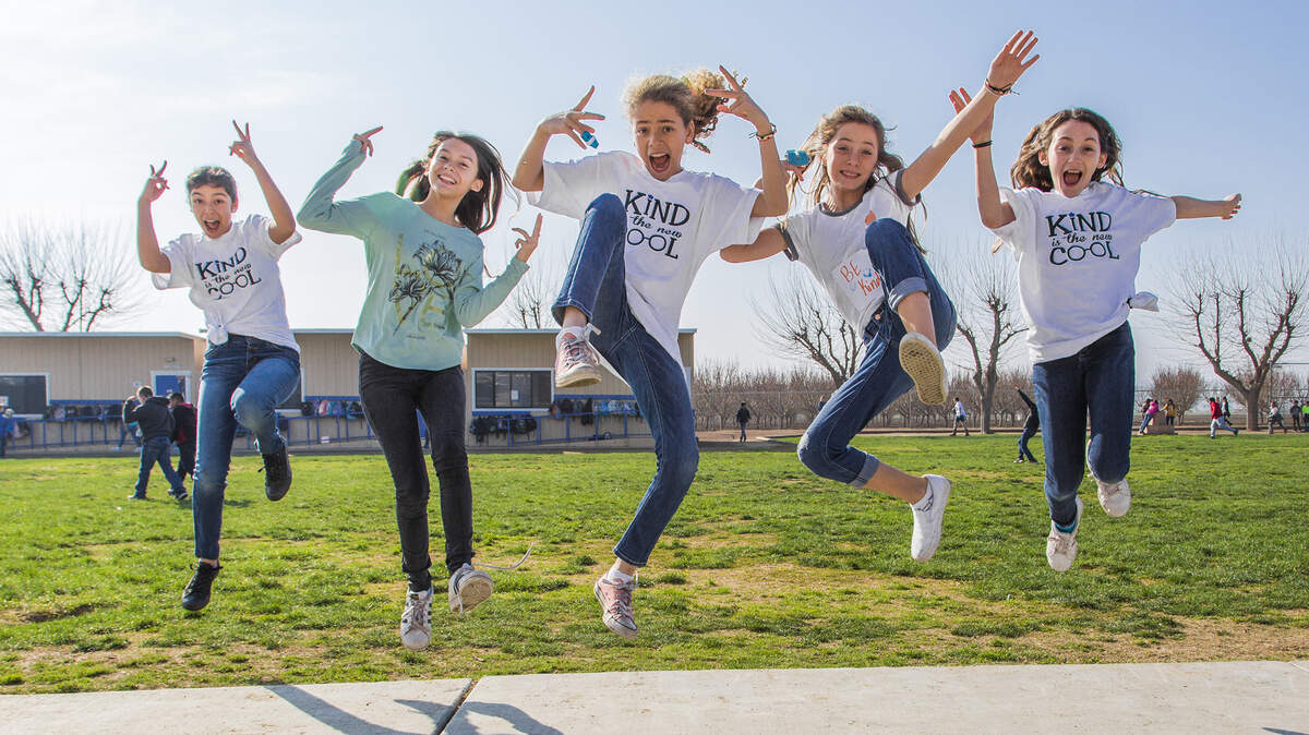 Charleston Elementary School students (from left to right) Emmi Luna, Aaliyah Mitchell, Kanin Welch, Ava Felix, Jaelle Cortez wear kindness shirts.