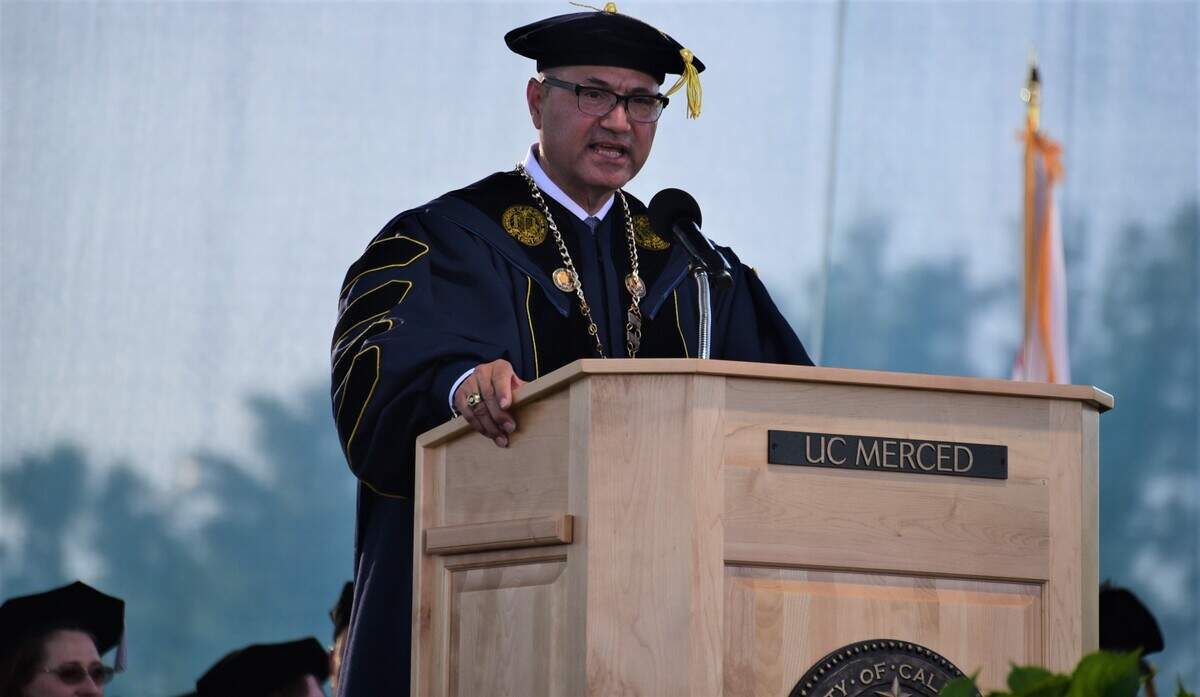 UC Merced Chancellor Dr. Juan Sánchez Muñoz delivers his speech during UC Merced’s 2023 spring commencement ceremony on Friday, May 12, 2023.