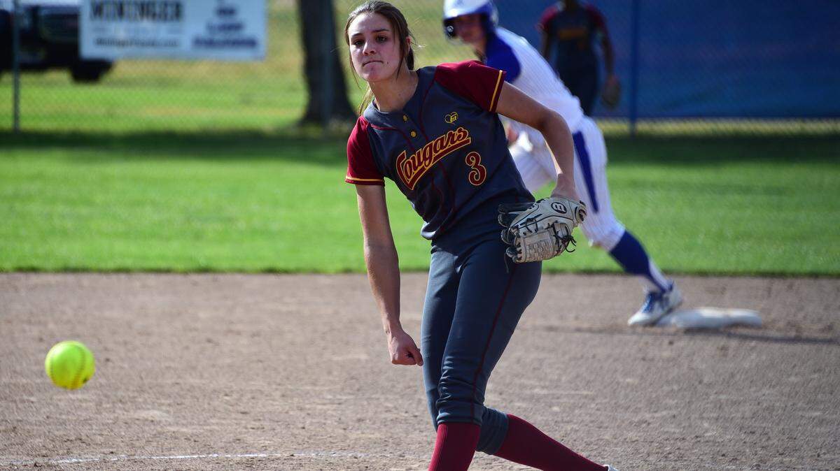 Golden Valley High ace Marissa Bertuccio delivers a pitch during her one-hit, shutout against Atwater. The Cougars won 2-0 on Monday, May 6, 2019 at Atwater High.