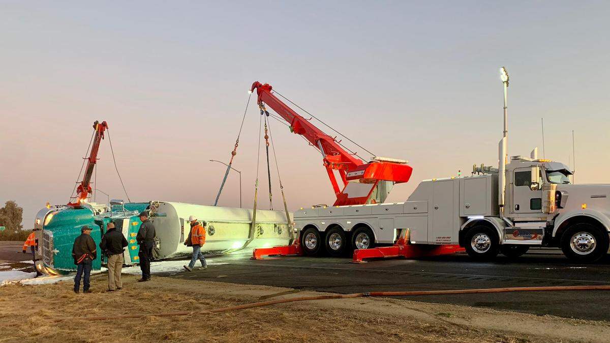 A big rig truck hauling 7,500 pounds of gasoline was headed southbound on Highway 99 when it overturned early on Saturday morning, according to CHP . Southbound lanes on Highway 99 near Road 15 in Madera County, just north of Chowchilla, will remained closed for the next 12 to 24 hours because of asphalt erosion.