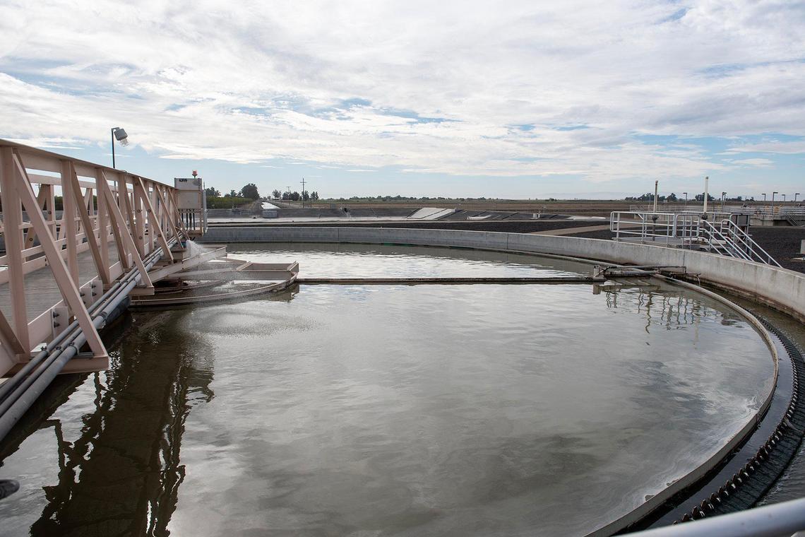 Wastewater in a primary sedimentation tank at the Wastewater Treatment Plant in Merced, Calif., on Thursday, Nov. 21, 2024.