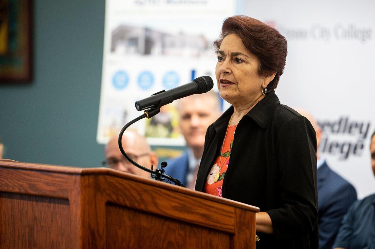 State Senator Anna Caballero speaks during a news conference to announce a new Agrifood Technology and Engineering Collaborative, on the Merced College campus in Merced, Calif., on Tuesday, Sept. 6, 2022. According to the college, the initiative is expected to advance the San Joaquin Valley’s agriculture industry with advancements in technology and engineering as well as education and workforce training.