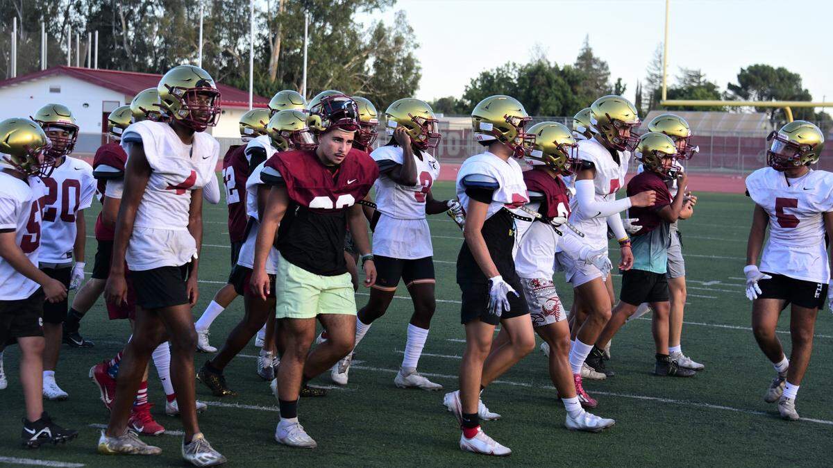 The Golden Valley High School football team practices at Veterans Stadium on Tuesday, Aug. 9, 2022 in Merced, Calif.
