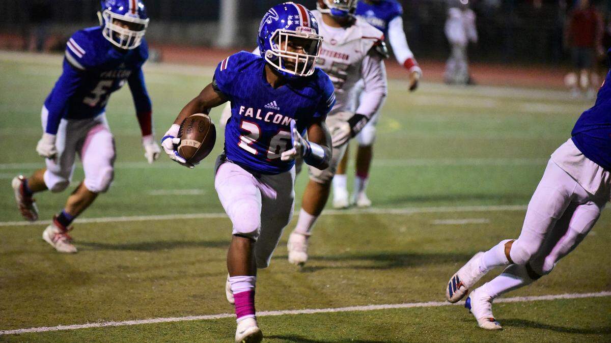 Atwater senior Charles Jackson runs the ball against Patterson in a game on Friday, Oct. 4, 2019 at Dave Honey Stadium.