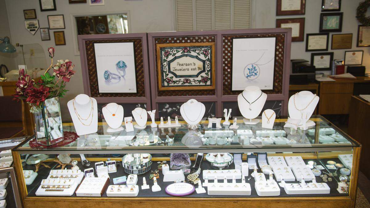 The interior of Pearson’s Jeweler’s, where displays are an important part of doing walk-in business.