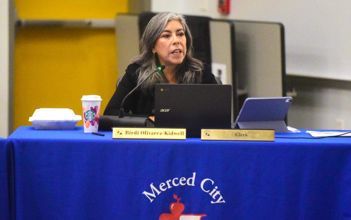 Merced City School District board member Birdi Olivarez-Kidwell speaks during a board meeting on Tuesday, Sept. 26, 2023 at Ada Givens Elementary School in Merced, Calif.