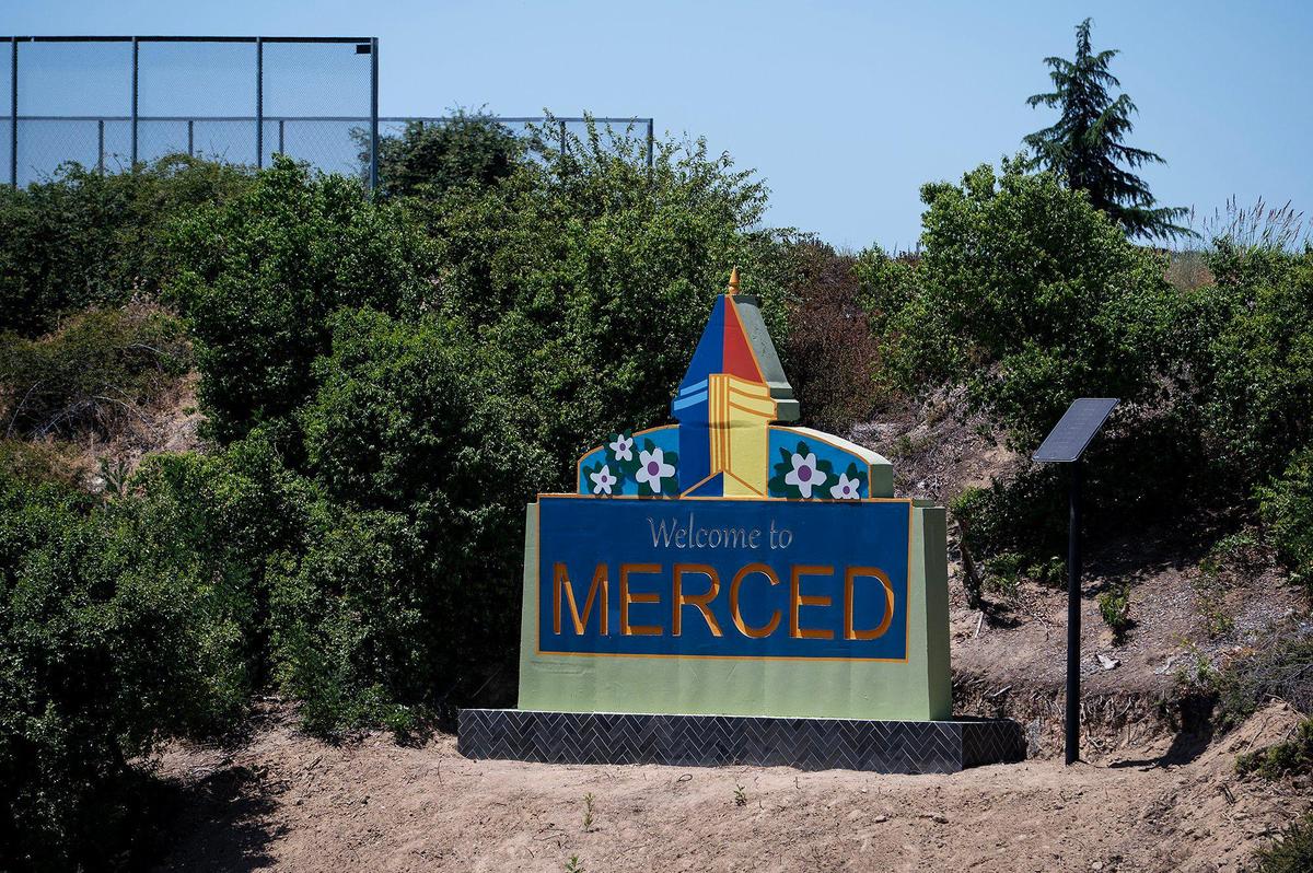 A monument welcoming motorists to Merced is seen along northbound Highway 99 near East Mission Avenue in Merced, Calif., on Tuesday, June 3, 2025.