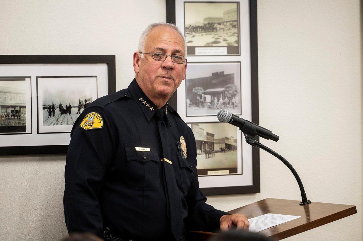 Gustine Police Chief Ruben Chavez speaks during a swearing in ceremony of four new Gustine Police Department Reserve Officers in Gustine, Calif., on Tuesday, June 20, 2023.