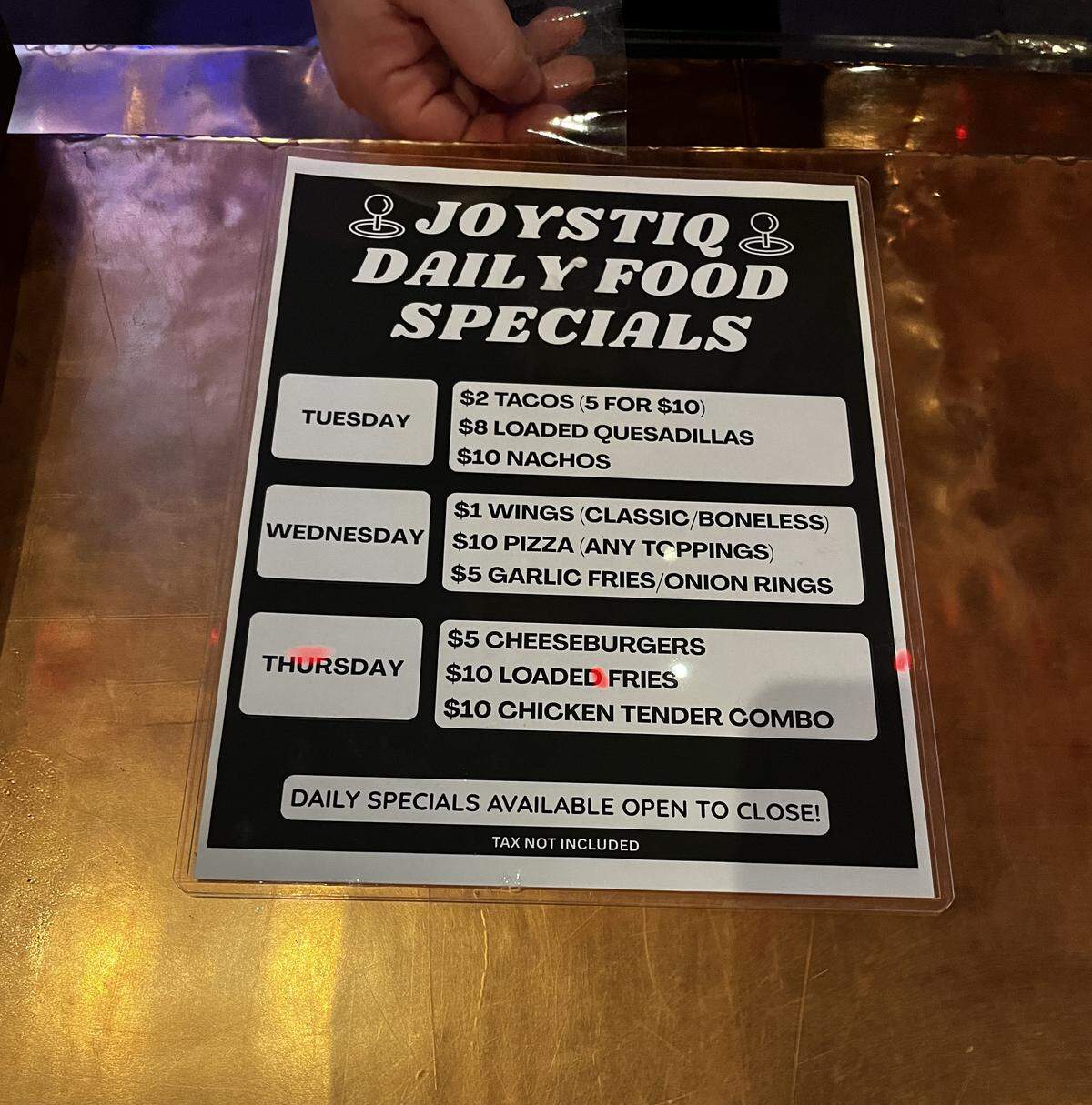 Daily Food Specials Menu with white text on a black background