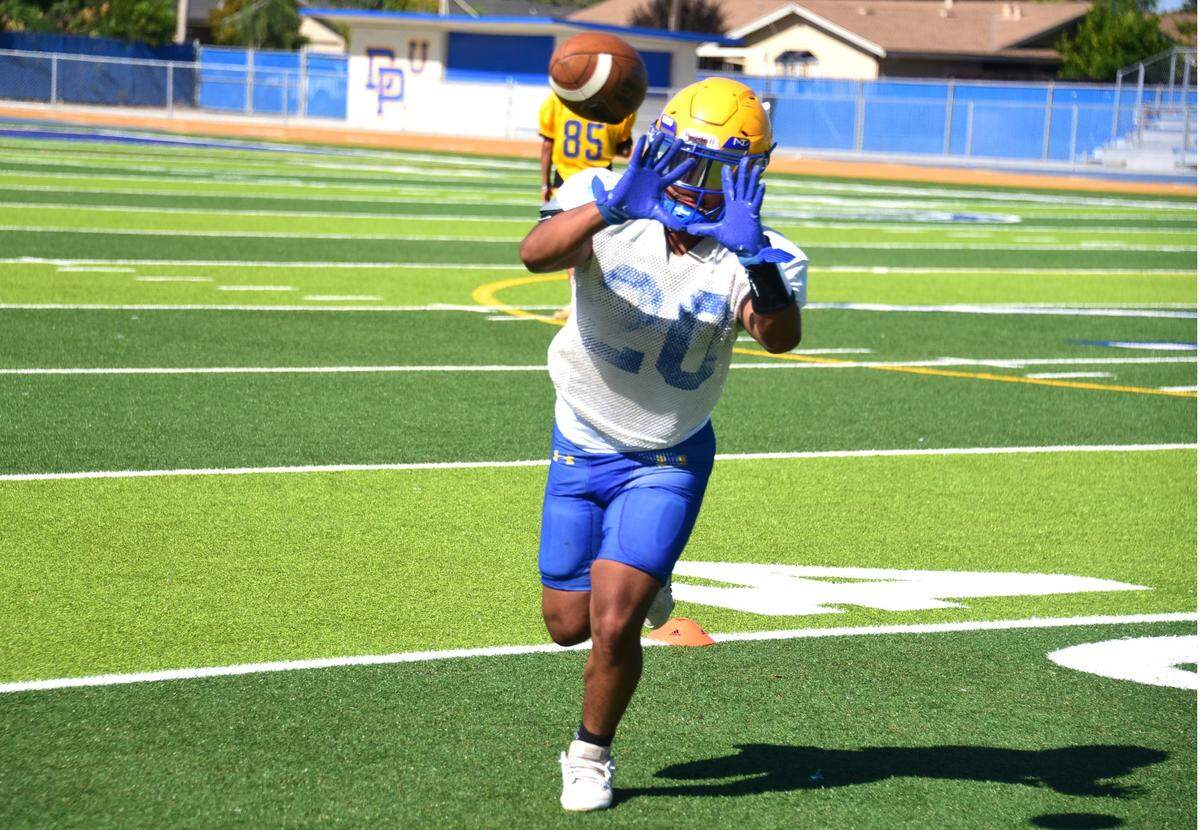 Dos Palos High School junior Andre Flores catches a ball during practice on Tuesday, Aug. 13, 2024.