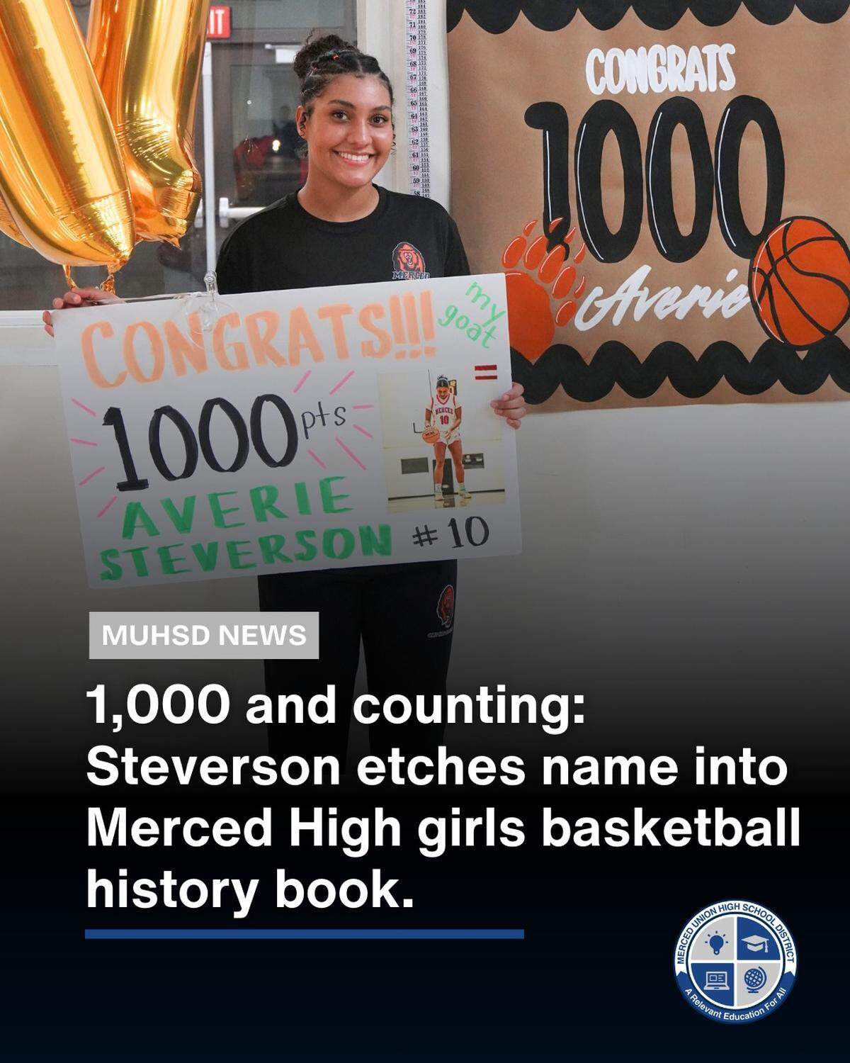 Merced High basketball star Averie Steverson and her teammates celebrate her surpassing the 1,000-point career mark.