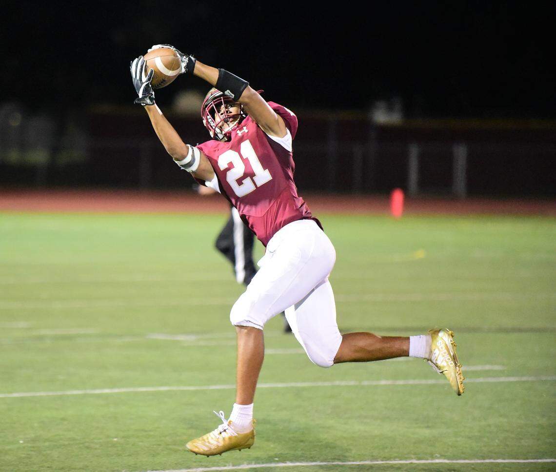 Golden Valley senior Avery Townsel makes a nice grab down field during a 49-12 win over Livingston on Friday, Sept. 13, 2019 at Veterans Stadium.